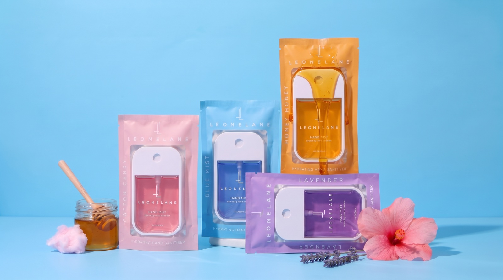 Cloudylane hand mist pouches in Cotton Candy, Blue Mist, Honey Honey and Lavender